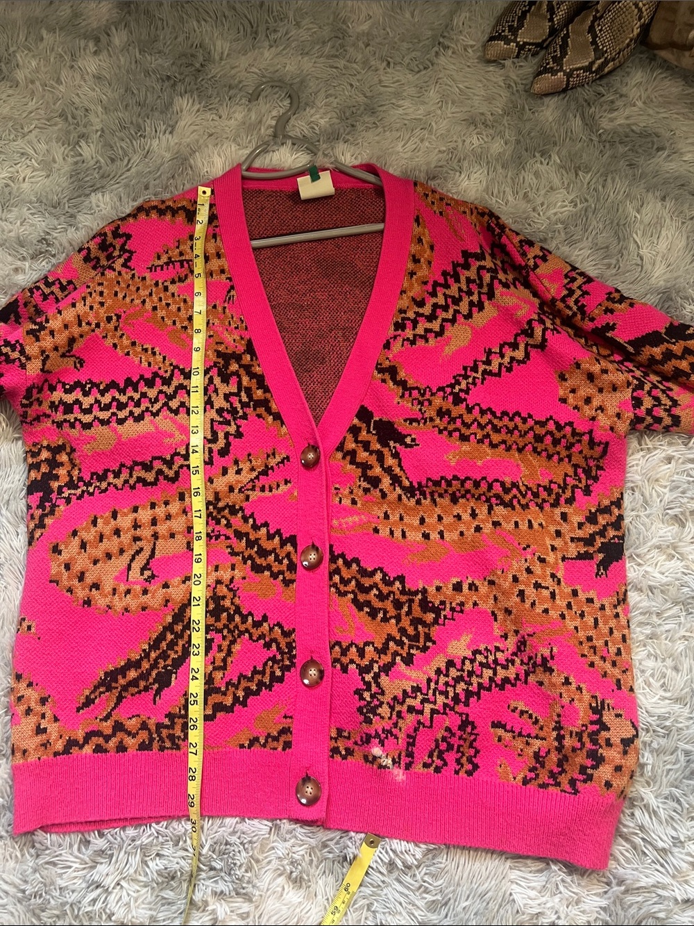 FARM Rio Hot Pink and Orange Patterned V-Neck Cardigan - Picture 3 of 6
